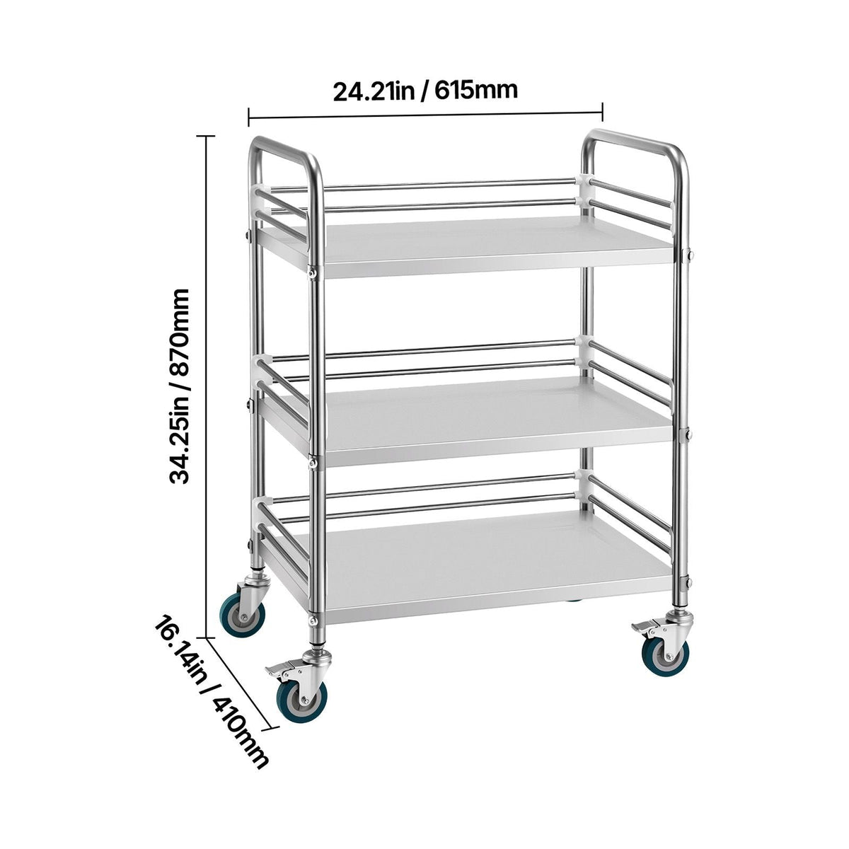 Stainless Steel Cart, 3-Tier Rolling Lab Utility Cart with Lockable Wheels, Medical Serving Trolley Clinic Tray, Heavy Duty Mobile Service Storage Tray for Hospital, Restaurant, Kitchen, Salon