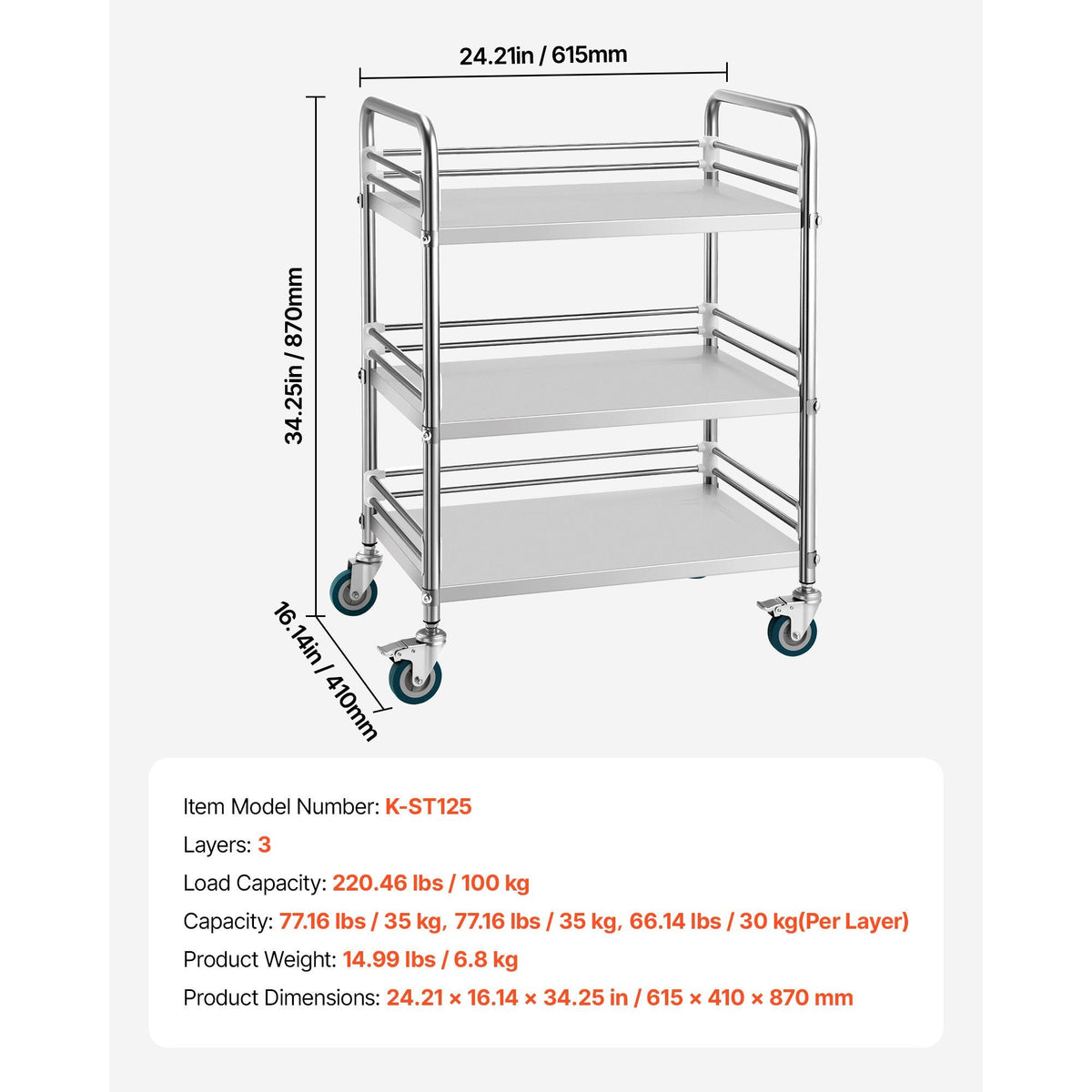 Stainless Steel Cart, 3-Tier Rolling Lab Utility Cart with Lockable Wheels, Medical Serving Trolley Clinic Tray, Heavy Duty Mobile Service Storage Tray for Hospital, Restaurant, Kitchen, Salon