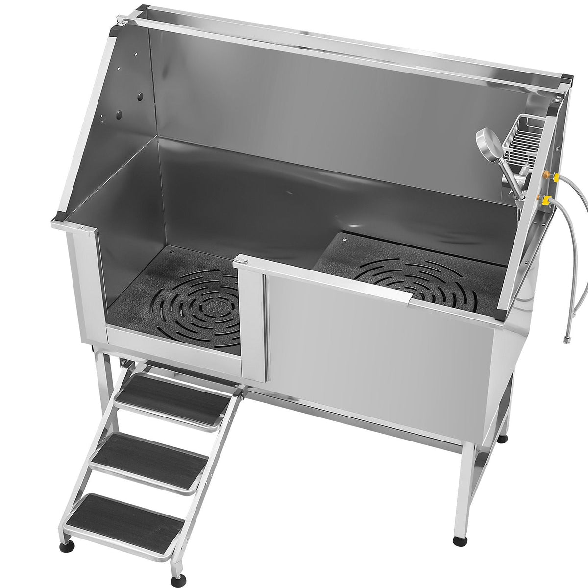 Stainless Steel Dog Washing Station, 62 inch Pet Grooming Tub w/ Stairs, PE Water Filter Board, Faucet & Showerhead & Soap Holder Dog Bathtub for Large & Medium & Small Pets (Left Door)