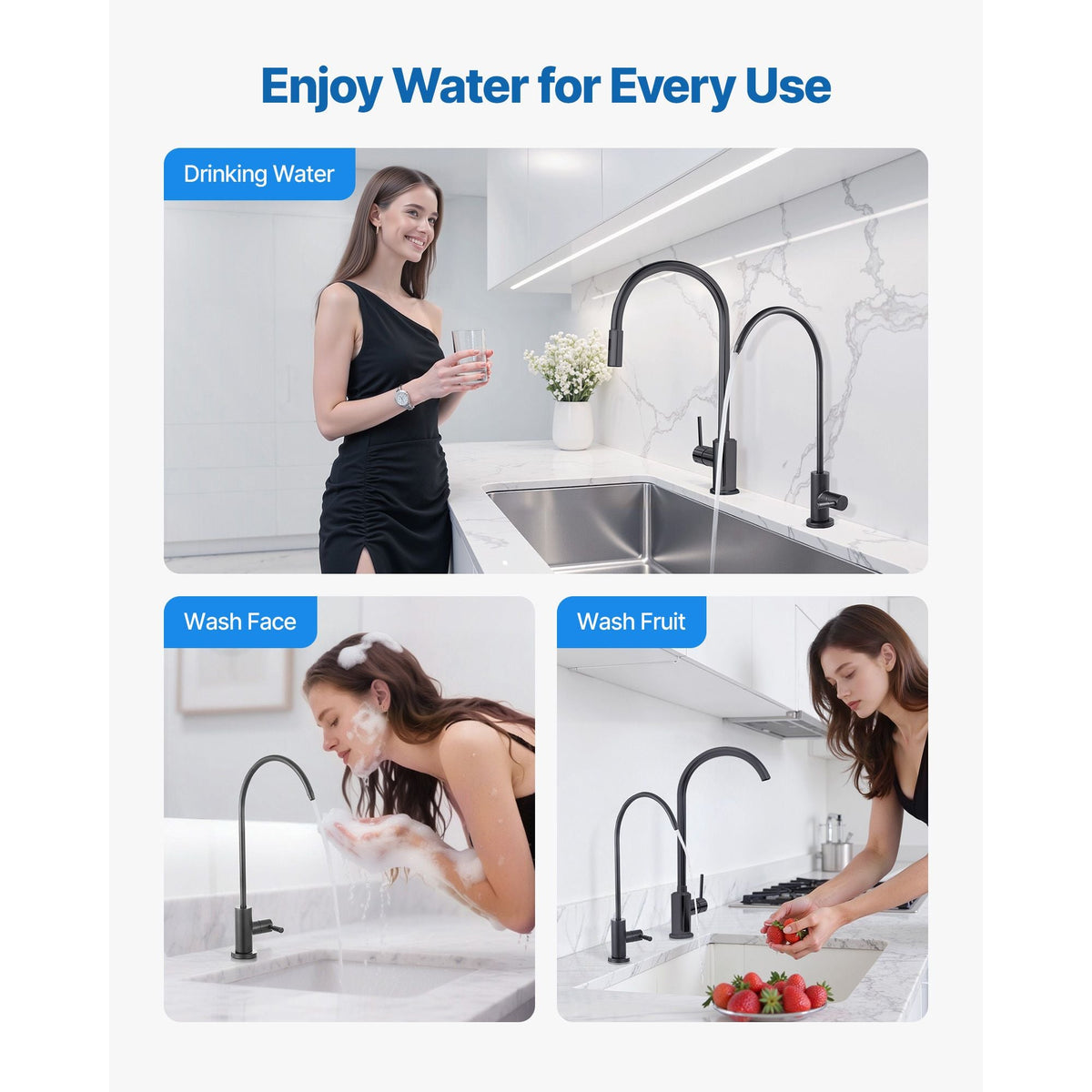 Stainless Steel Faucet, Lead-Free Water Purifier Faucets, Reverse Osmosis Faucet with Solid Brass Valve, High Arch Drinking Water Faucets For Kitchen Sink, Bar Counter, Cafe Shop, Matte Black
