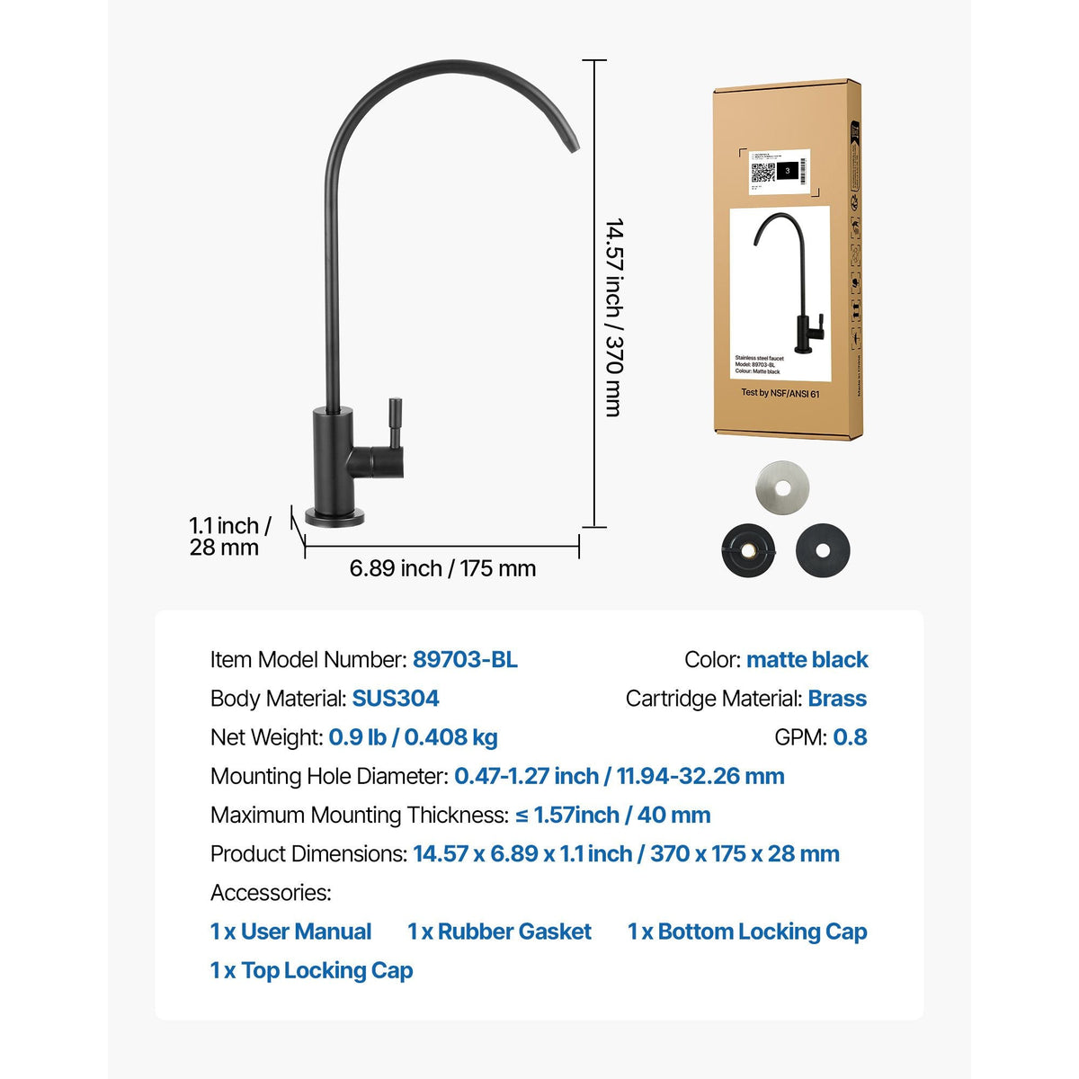 Stainless Steel Faucet, Lead-Free Water Purifier Faucets, Reverse Osmosis Faucet with Solid Brass Valve, High Arch Drinking Water Faucets For Kitchen Sink, Bar Counter, Cafe Shop, Matte Black