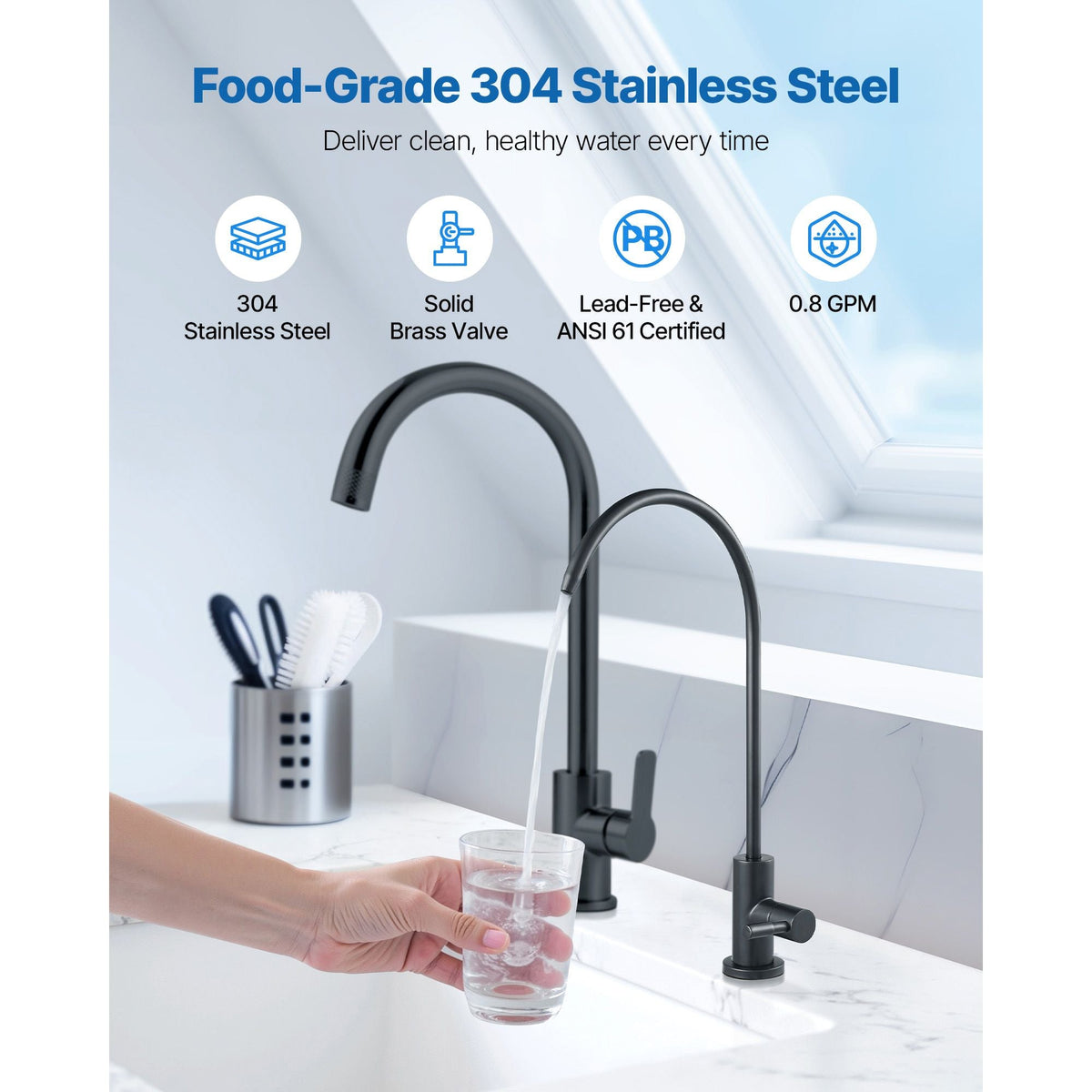 Stainless Steel Faucet, Lead-Free Water Purifier Faucets, Reverse Osmosis Faucet with Solid Brass Valve, High Arch Drinking Water Faucets For Kitchen Sink, Bar Counter, Cafe Shop, Matte Black