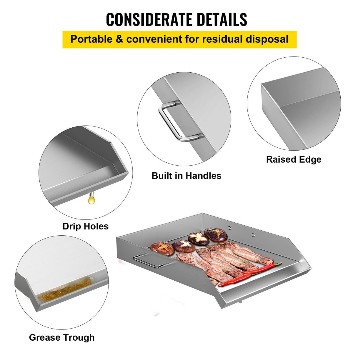 Stainless Steel Griddle,18" X 16" Universal Flat Top Rectangular Plate, BBQ Charcoal/Gas Grill with 2 Handles and Grease Groove with Hole, Grills for Camping, Tailgating and Parties