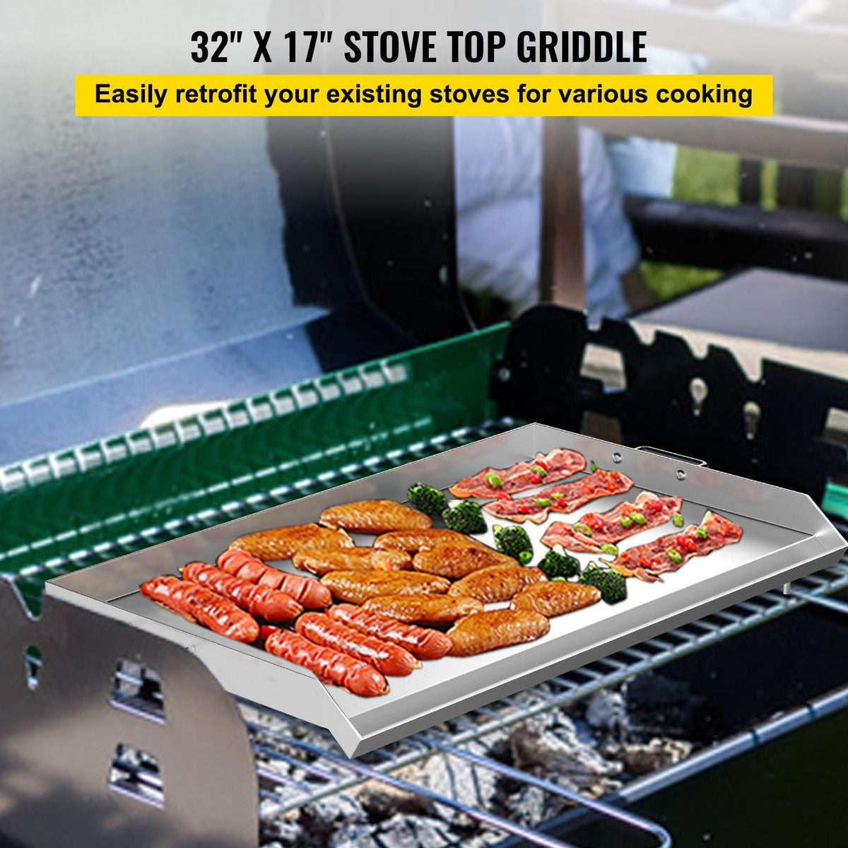 Stainless Steel Griddle,32" X 17" Universal Flat Top Rectangular Plate , BBQ Charcoal/Gas Grill with 2 Handles and Grease Groove with Hole, Grills for Camping, Tailgating and Parties .