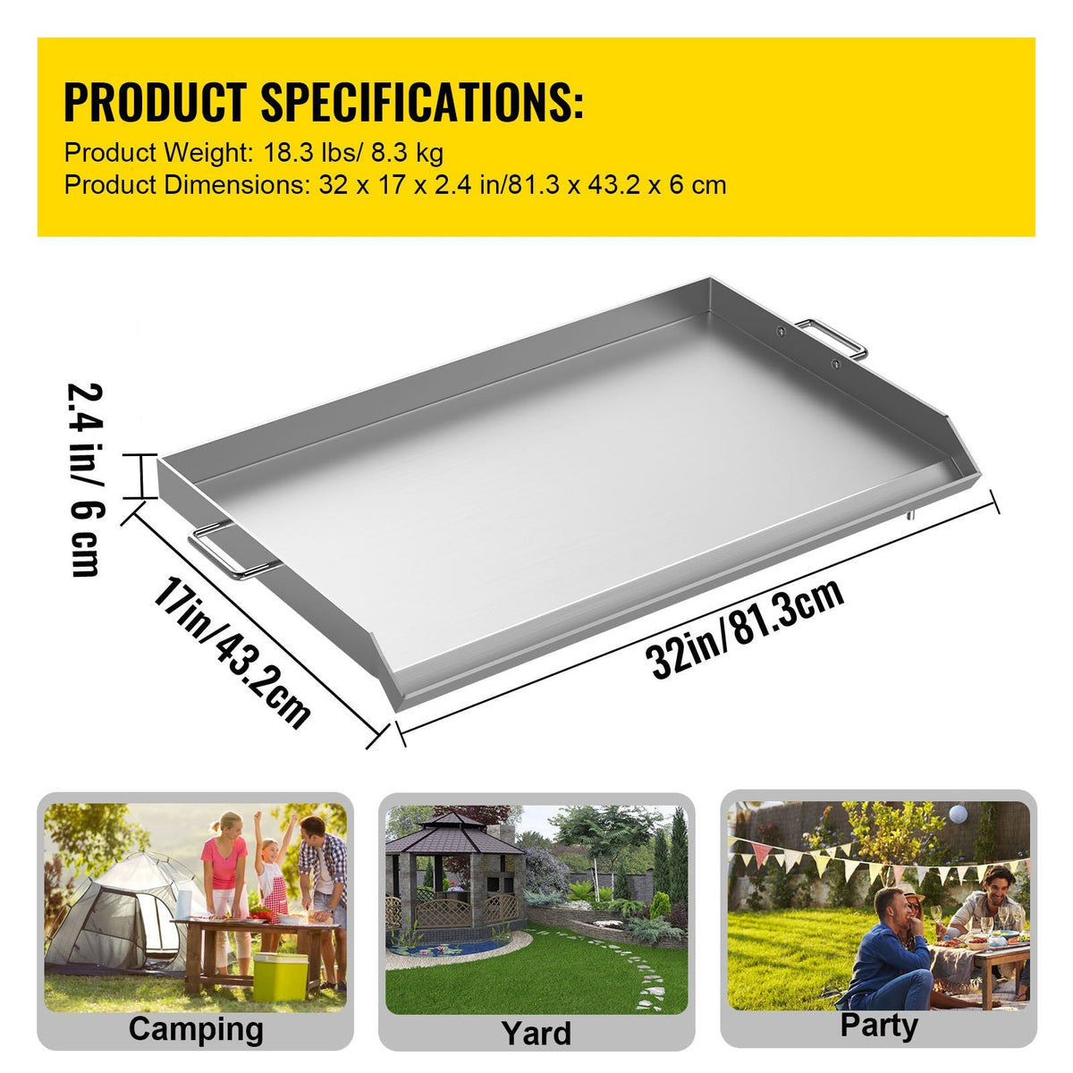 Stainless Steel Griddle,32" X 17" Universal Flat Top Rectangular Plate , BBQ Charcoal/Gas Grill with 2 Handles and Grease Groove with Hole, Grills for Camping, Tailgating and Parties .