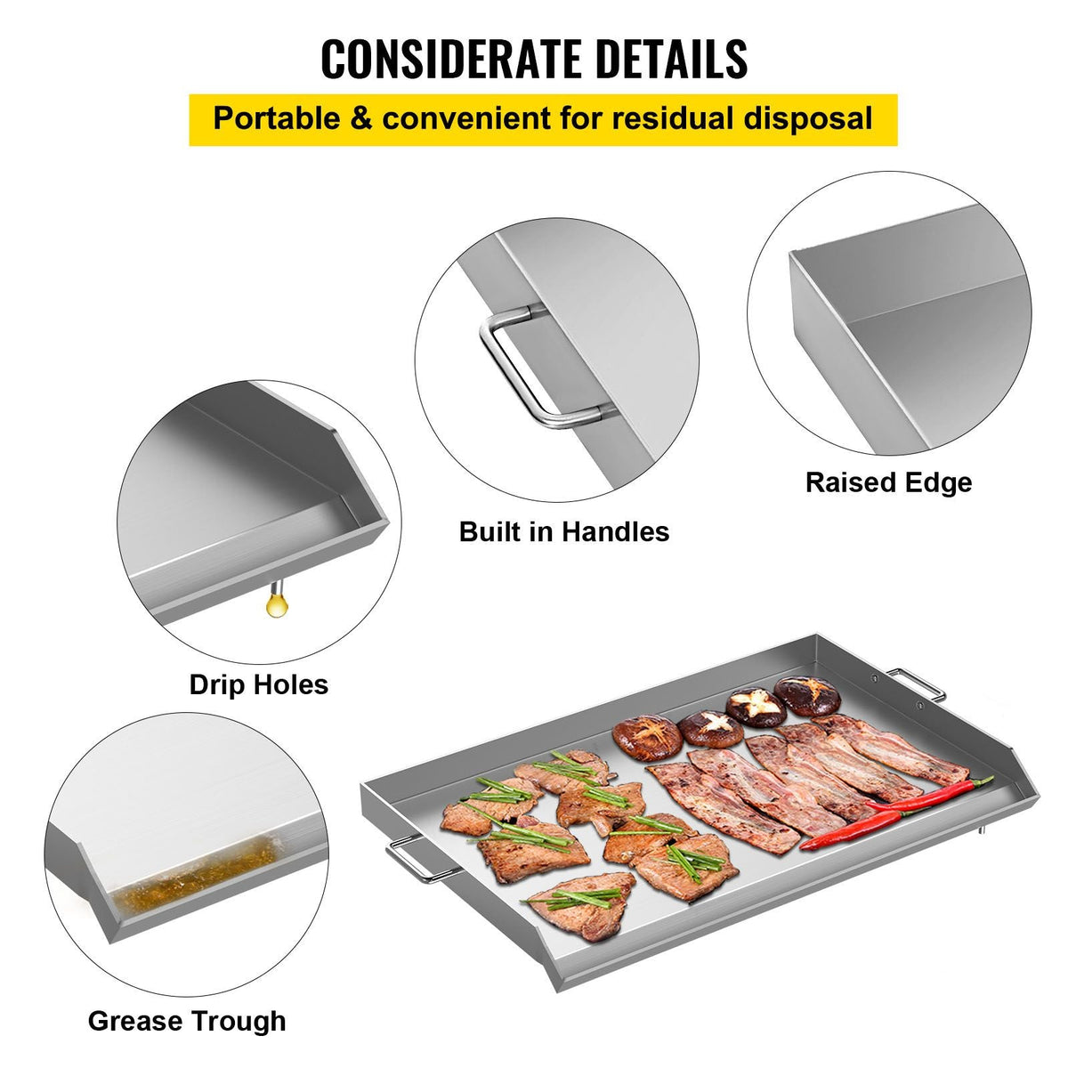 Stainless Steel Griddle,32" X 17" Universal Flat Top Rectangular Plate , BBQ Charcoal/Gas Grill with 2 Handles and Grease Groove with Hole, Grills for Camping, Tailgating and Parties .