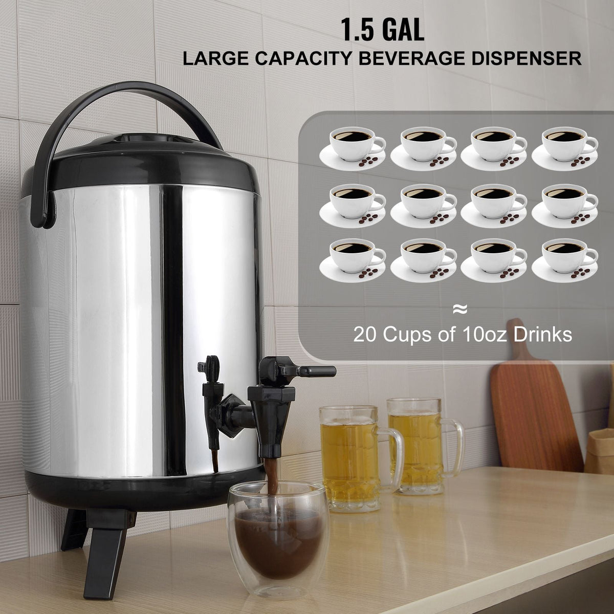 Stainless Steel Insulated Beverage Dispenser, 1.5 Gallon 6 Liter, Thermal Hot and Cold Drink Server Dispenser with Spigot Handle, Food-grade for Hot Tea Coffee Water Restaurant Drink Shop
