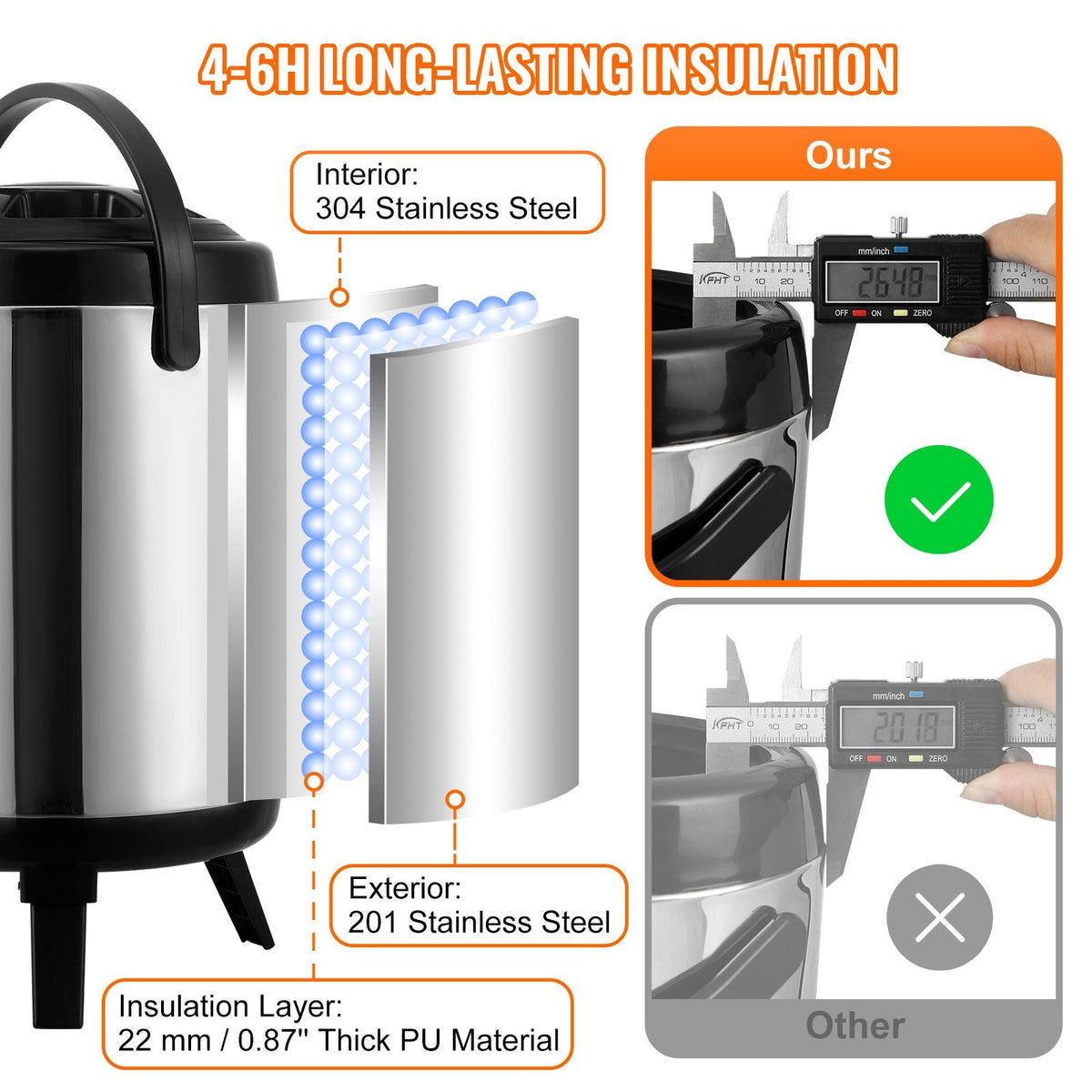 Stainless Steel Insulated Beverage Dispenser, 1.5 Gallon 6 Liter, Thermal Hot and Cold Drink Server Dispenser with Spigot Handle, Food-grade for Hot Tea Coffee Water Restaurant Drink Shop