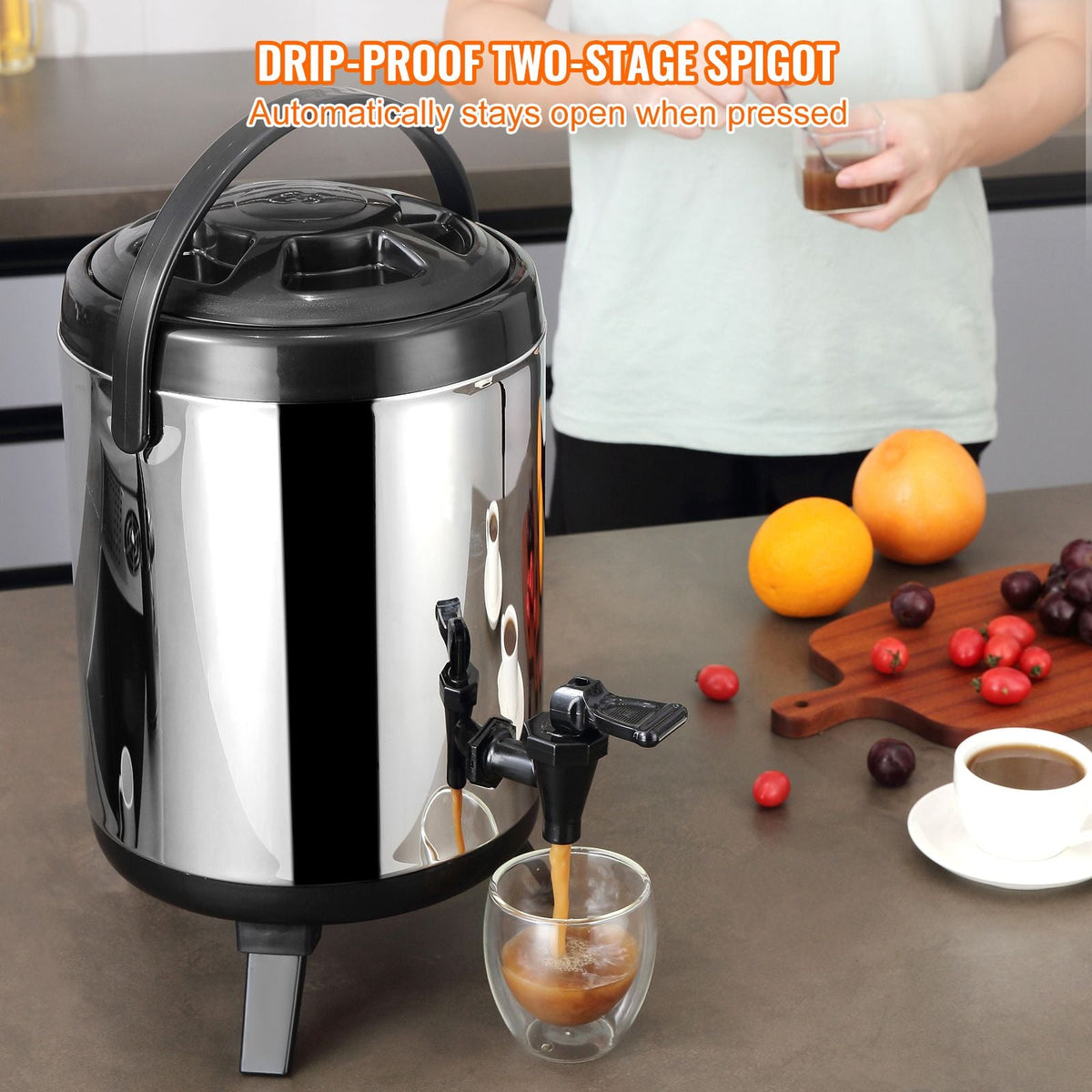 Stainless Steel Insulated Beverage Dispenser, 1.5 Gallon 6 Liter, Thermal Hot and Cold Drink Server Dispenser with Spigot Handle, Food-grade for Hot Tea Coffee Water Restaurant Drink Shop