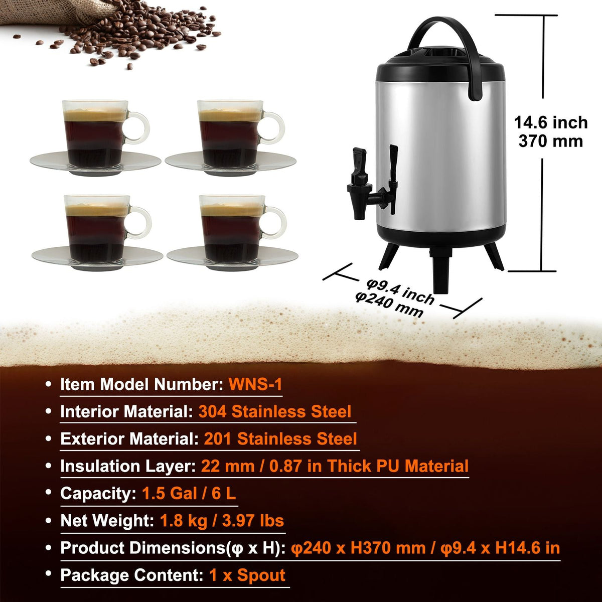 Stainless Steel Insulated Beverage Dispenser, 1.5 Gallon 6 Liter, Thermal Hot and Cold Drink Server Dispenser with Spigot Handle, Food-grade for Hot Tea Coffee Water Restaurant Drink Shop