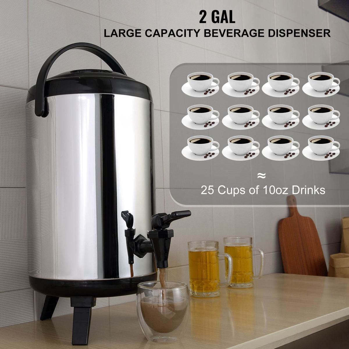 Stainless Steel Insulated Beverage Dispenser, 2 Gallon 7.6 Liter, Thermal Hot and Cold Drink Server Dispenser with Spigot Handle, Food-grade for Hot Tea Coffee Water Restaurant Drink Shop