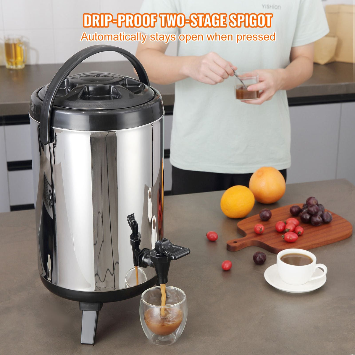 Stainless Steel Insulated Beverage Dispenser, 2 Gallon 7.6 Liter, Thermal Hot and Cold Drink Server Dispenser with Spigot Handle, Food-grade for Hot Tea Coffee Water Restaurant Drink Shop