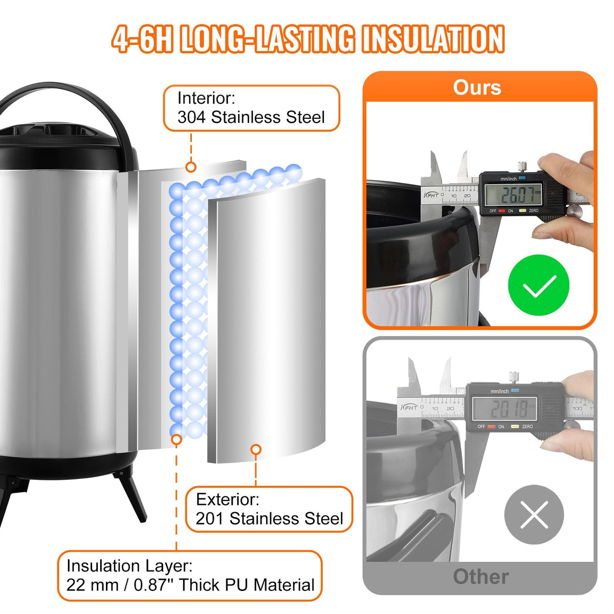 Stainless Steel Insulated Beverage Dispenser, 2.4 Gallon 9.2 Liter, Thermal Hot and Cold Drink Server Dispenser with Spigot Handle, Food-grade for Hot Tea Coffee Water Restaurant Drink Shop