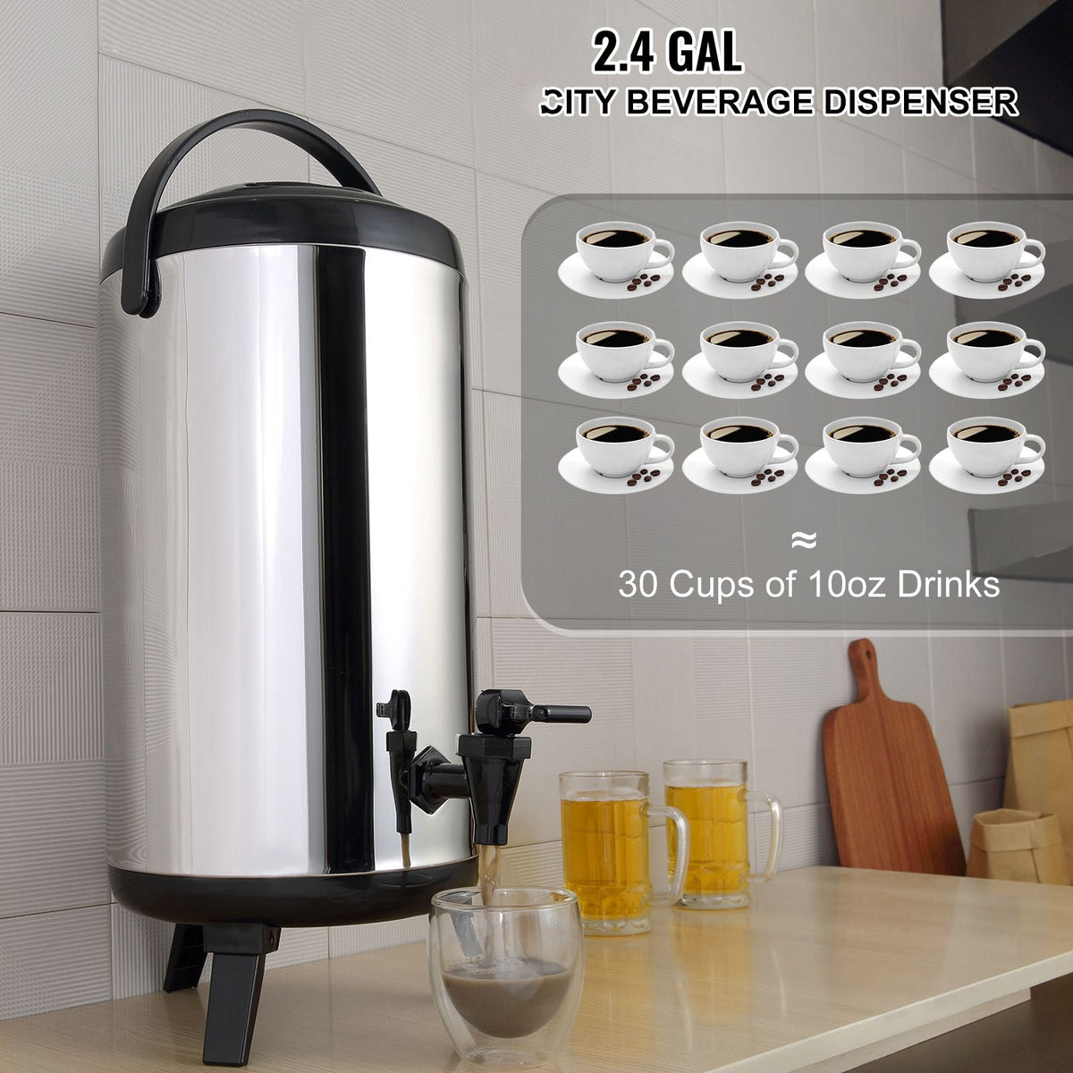 Stainless Steel Insulated Beverage Dispenser, 2.4 Gallon 9.2 Liter, Thermal Hot and Cold Drink Server Dispenser with Spigot Handle, Food-grade for Hot Tea Coffee Water Restaurant Drink Shop