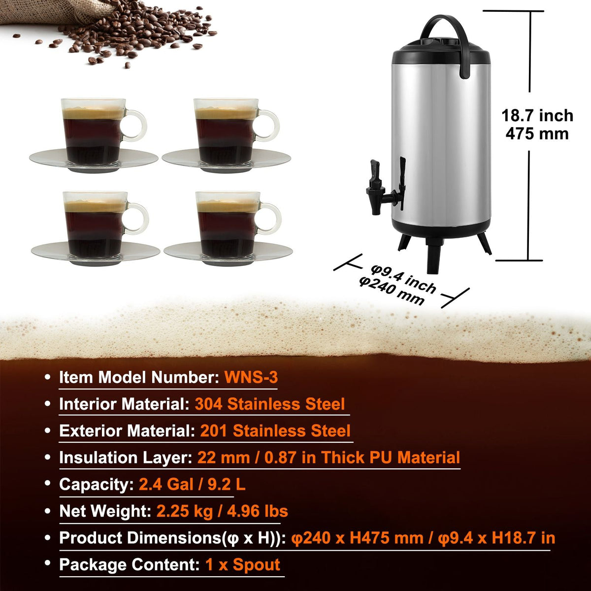 Stainless Steel Insulated Beverage Dispenser, 2.4 Gallon 9.2 Liter, Thermal Hot and Cold Drink Server Dispenser with Spigot Handle, Food-grade for Hot Tea Coffee Water Restaurant Drink Shop