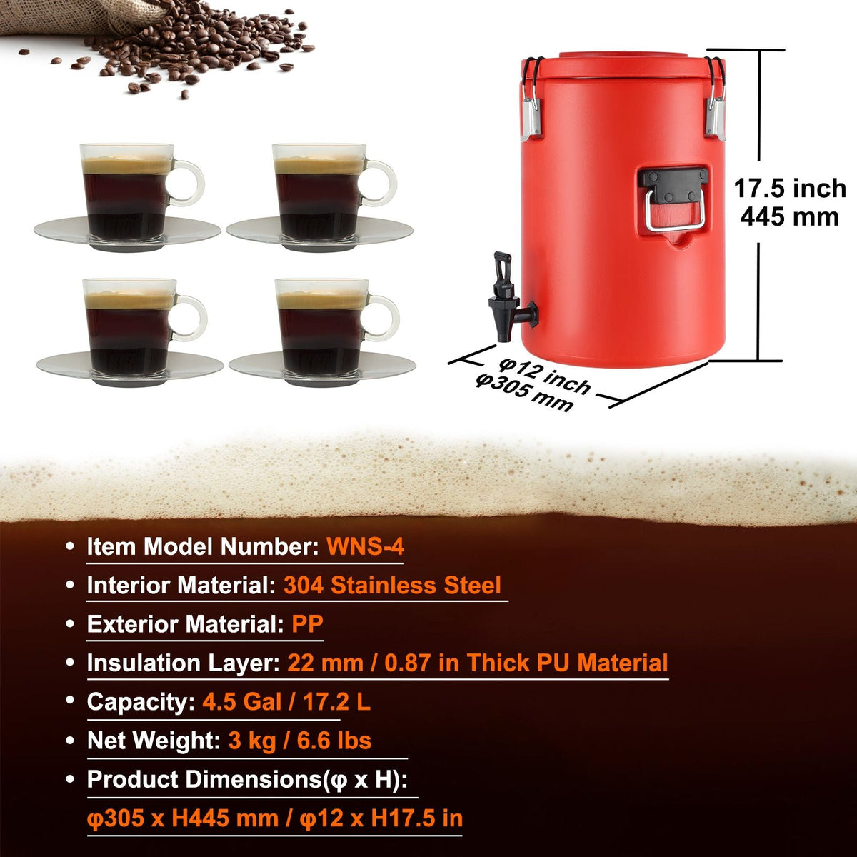 Stainless Steel Insulated Beverage Dispenser, 4.5 Gallon 17.2 Liter, Thermal Hot and Cold Drink Server Dispenser with Spigot Handle, Food-grade for Hot Tea Coffee Water Restaurant Drink Shop