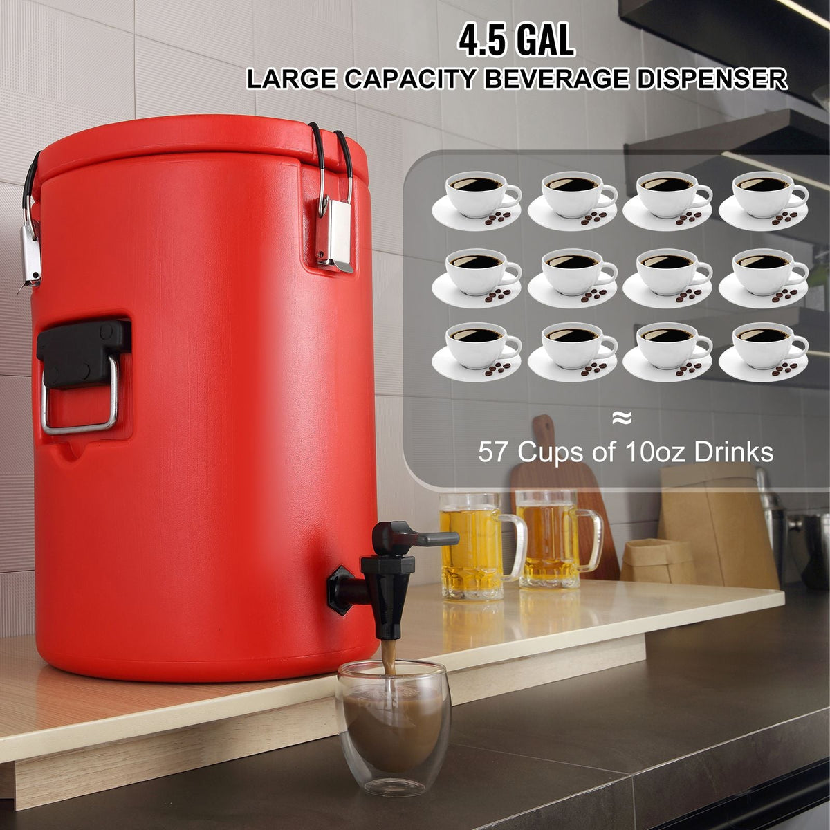 Stainless Steel Insulated Beverage Dispenser, 4.5 Gallon 17.2 Liter, Thermal Hot and Cold Drink Server Dispenser with Spigot Handle, Food-grade for Hot Tea Coffee Water Restaurant Drink Shop