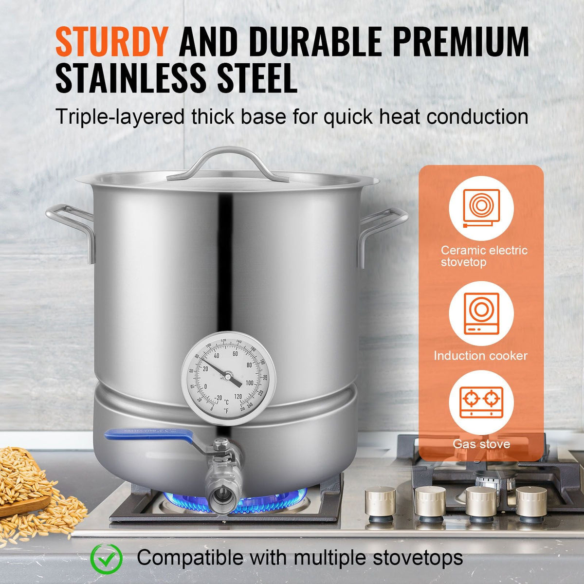 Stainless Steel Kettle, 5 GALLON Brewing Pot, Tri Ply Bottom for Beer, Brew Kettle Pot, Home Brewing Supplies Includes Lid, Handle, Thermometer, Ball Valve Spigot, Filter, Filter Tray