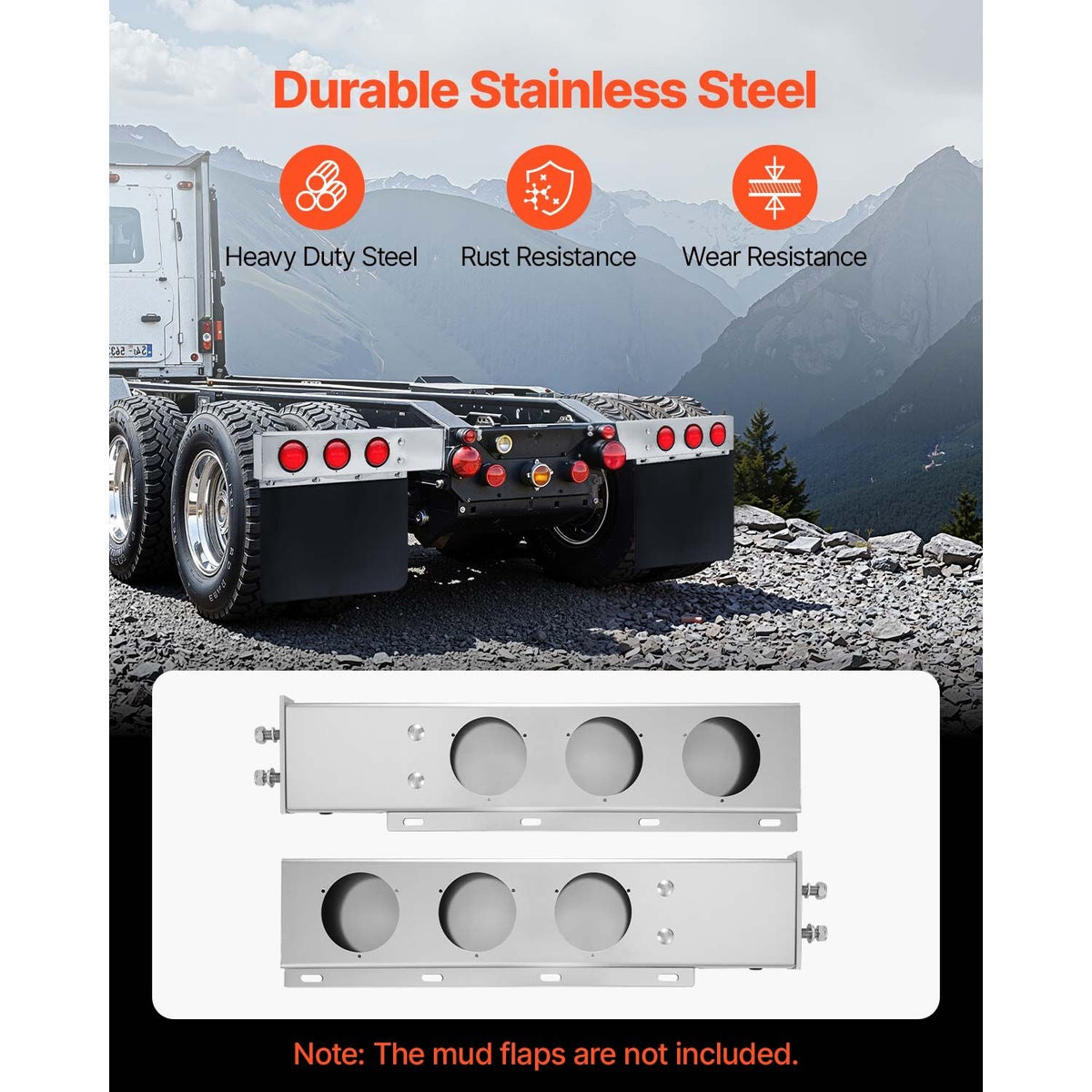 Stainless Steel Mud Flap Hangers with Light Cutouts, 2-1/2" Bolt Spacing, Spring Loaded Mudflap Hangers for Semi Trucks, 1 Pair Heavy Duty Semi Truck Mud Flap Hanger Set, Silver
