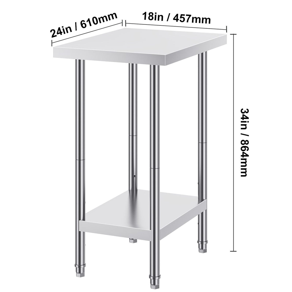 Stainless Steel Prep Table, 24 x 18 x 34 Inch, 640 lbs Load Capacity, Heavy Duty Metal Worktable with 3 Adjustable Height Levels, Commercial Workstation for Kitchen Garage Restaurant Backyard