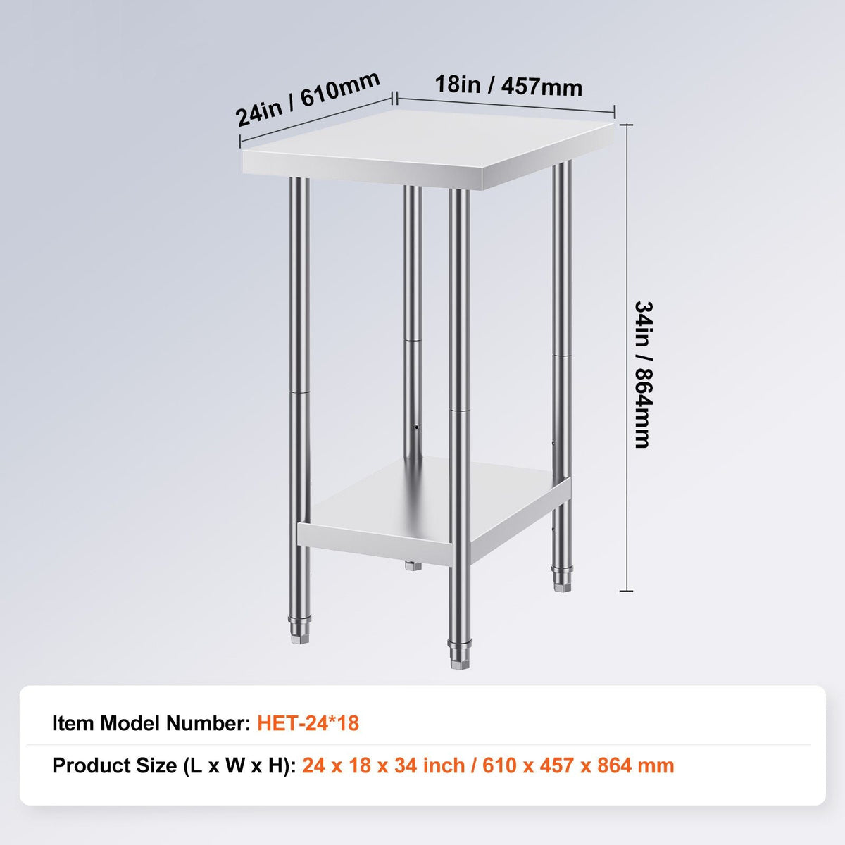 Stainless Steel Prep Table, 24 x 18 x 34 Inch, 640 lbs Load Capacity, Heavy Duty Metal Worktable with 3 Adjustable Height Levels, Commercial Workstation for Kitchen Garage Restaurant Backyard