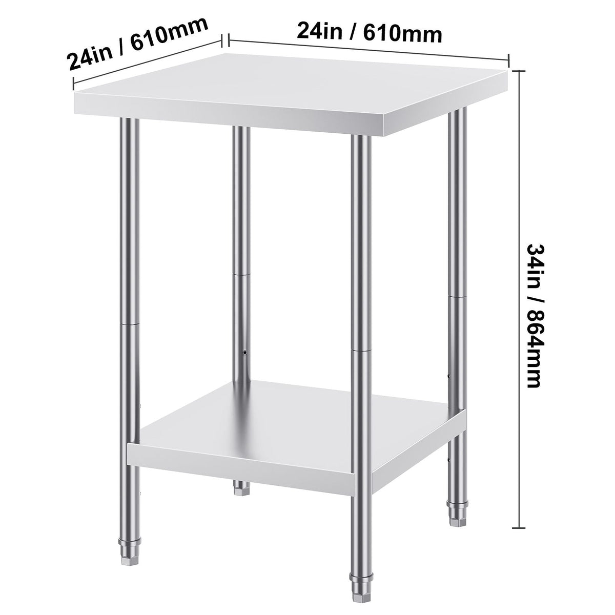 Stainless Steel Prep Table, 24 x 24 x 34 Inch, 700 lbs Load Capacity, Heavy Duty Metal Worktable with 3 Adjustable Height Levels, Commercial Workstation for Kitchen Garage Restaurant Backyard