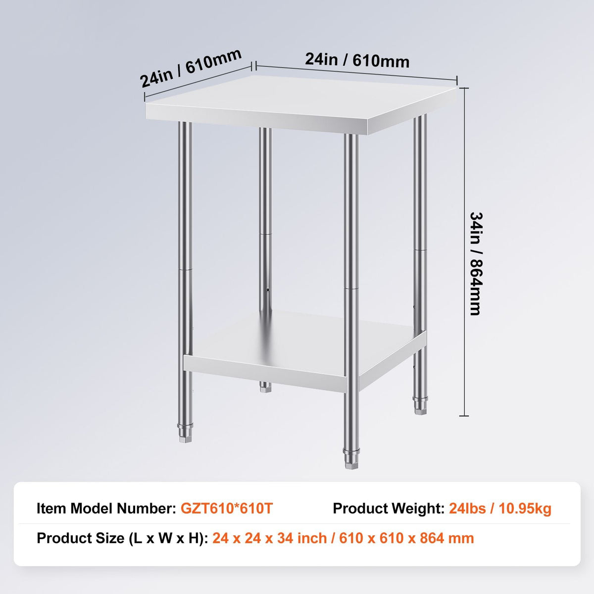 Stainless Steel Prep Table, 24 x 24 x 34 Inch, 700 lbs Load Capacity, Heavy Duty Metal Worktable with 3 Adjustable Height Levels, Commercial Workstation for Kitchen Garage Restaurant Backyard