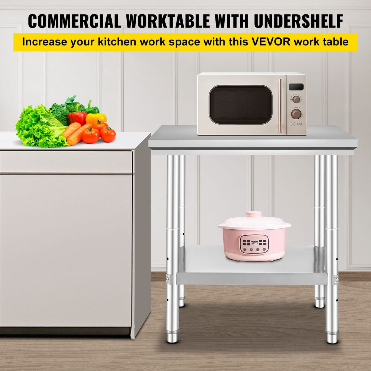 Stainless Steel Prep Table, 24 x 30 x 31 Inch, 700 lbs Load Capacity, Heavy Duty Metal Worktable with 3 Adjustable Height Levels, Commercial Workstation for Kitchen Garage Restaurant Backyard