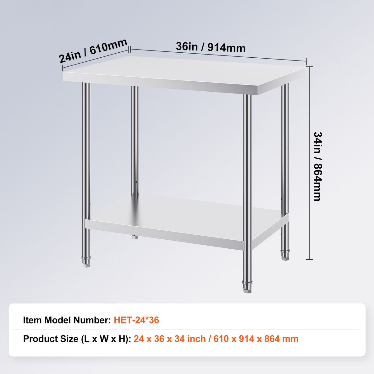 Stainless Steel Prep Table, 24 x 36 x 34 Inch, 750 lbs Load Capacity, Heavy Duty Metal Worktable with 3 Adjustable Height Levels, Commercial Workstation for Kitchen Garage Restaurant Backyard
