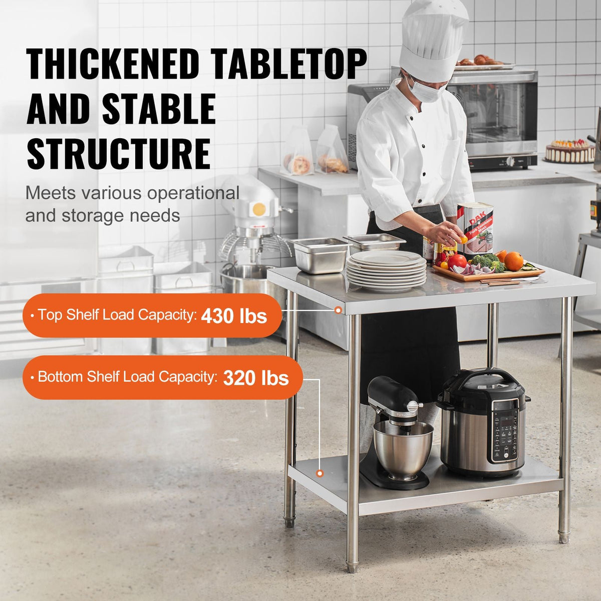 Stainless Steel Prep Table, 24 x 36 x 34 Inch, 750 lbs Load Capacity, Heavy Duty Metal Worktable with 3 Adjustable Height Levels, Commercial Workstation for Kitchen Garage Restaurant Backyard