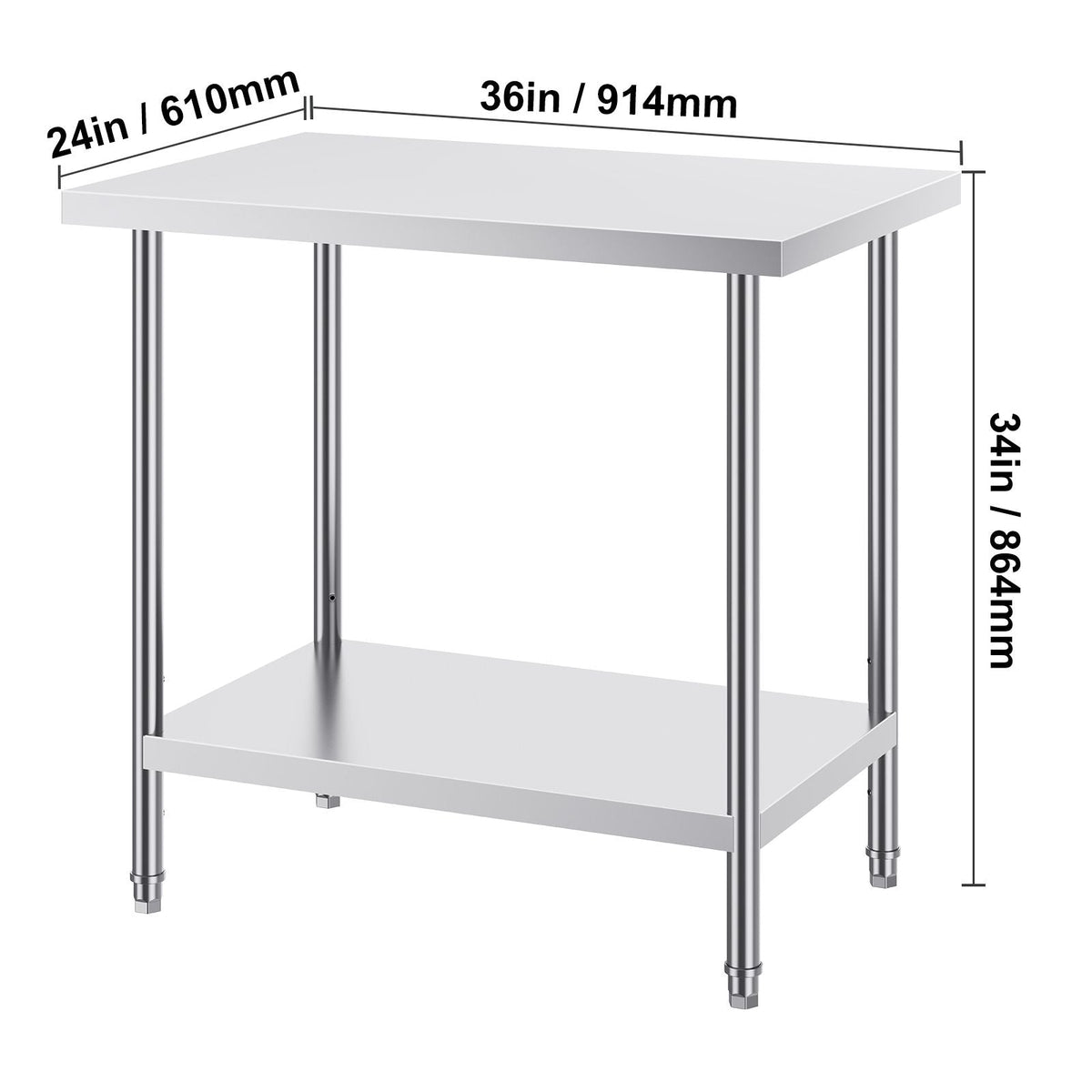 Stainless Steel Prep Table, 24 x 36 x 34 Inch, 750 lbs Load Capacity, Heavy Duty Metal Worktable with 3 Adjustable Height Levels, Commercial Workstation for Kitchen Garage Restaurant Backyard