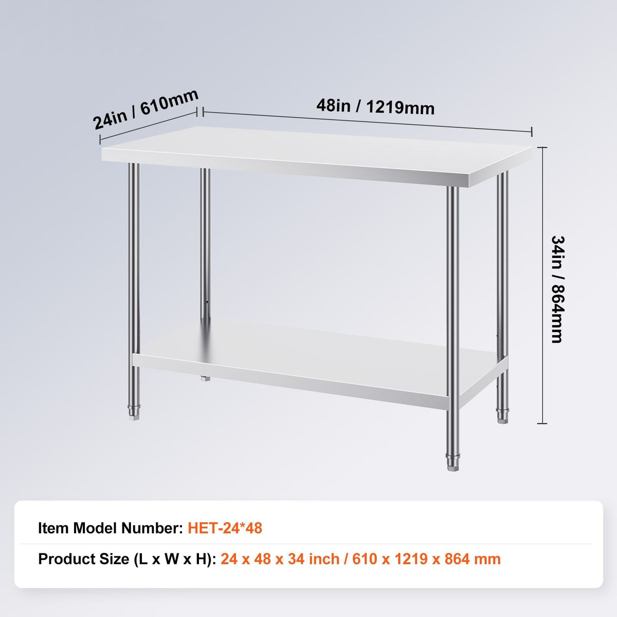 Stainless Steel Prep Table, 24 x 48 x 34 Inch, 800 lbs Load Capacity, Heavy Duty Metal Worktable with 3 Adjustable Height Levels, Commercial Workstation for Kitchen Garage Restaurant Backyard