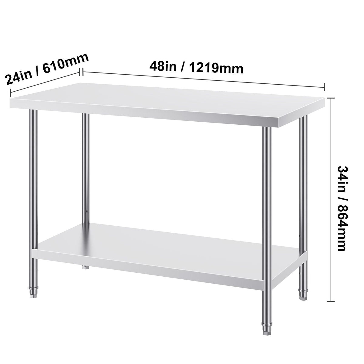 Stainless Steel Prep Table, 24 x 48 x 34 Inch, 800 lbs Load Capacity, Heavy Duty Metal Worktable with 3 Adjustable Height Levels, Commercial Workstation for Kitchen Garage Restaurant Backyard