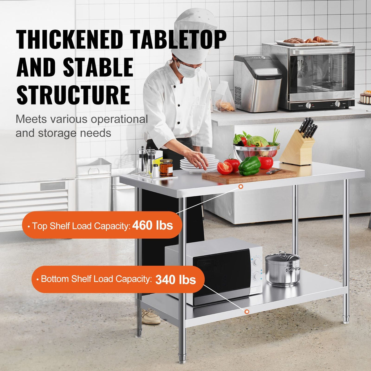 Stainless Steel Prep Table, 24 x 48 x 34 Inch, 800 lbs Load Capacity, Heavy Duty Metal Worktable with 3 Adjustable Height Levels, Commercial Workstation for Kitchen Garage Restaurant Backyard