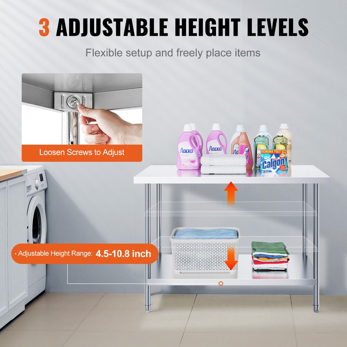 Stainless Steel Prep Table, 24 x 48 x 34 Inch, 800 lbs Load Capacity, Heavy Duty Metal Worktable with 3 Adjustable Height Levels, Commercial Workstation for Kitchen Garage Restaurant Backyard