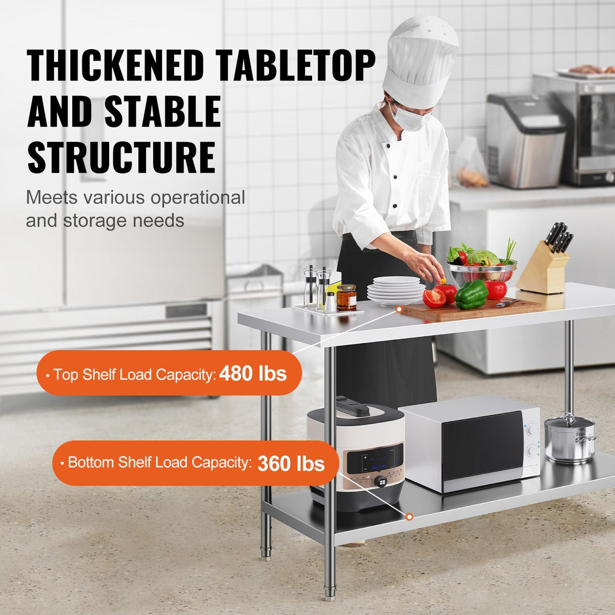 Stainless Steel Prep Table, 24 x 60 x 34 Inch, 840 lbs Load Capacity, Heavy Duty Metal Worktable with 3 Adjustable Height Levels, Commercial Workstation for Kitchen Garage Restaurant Backyard