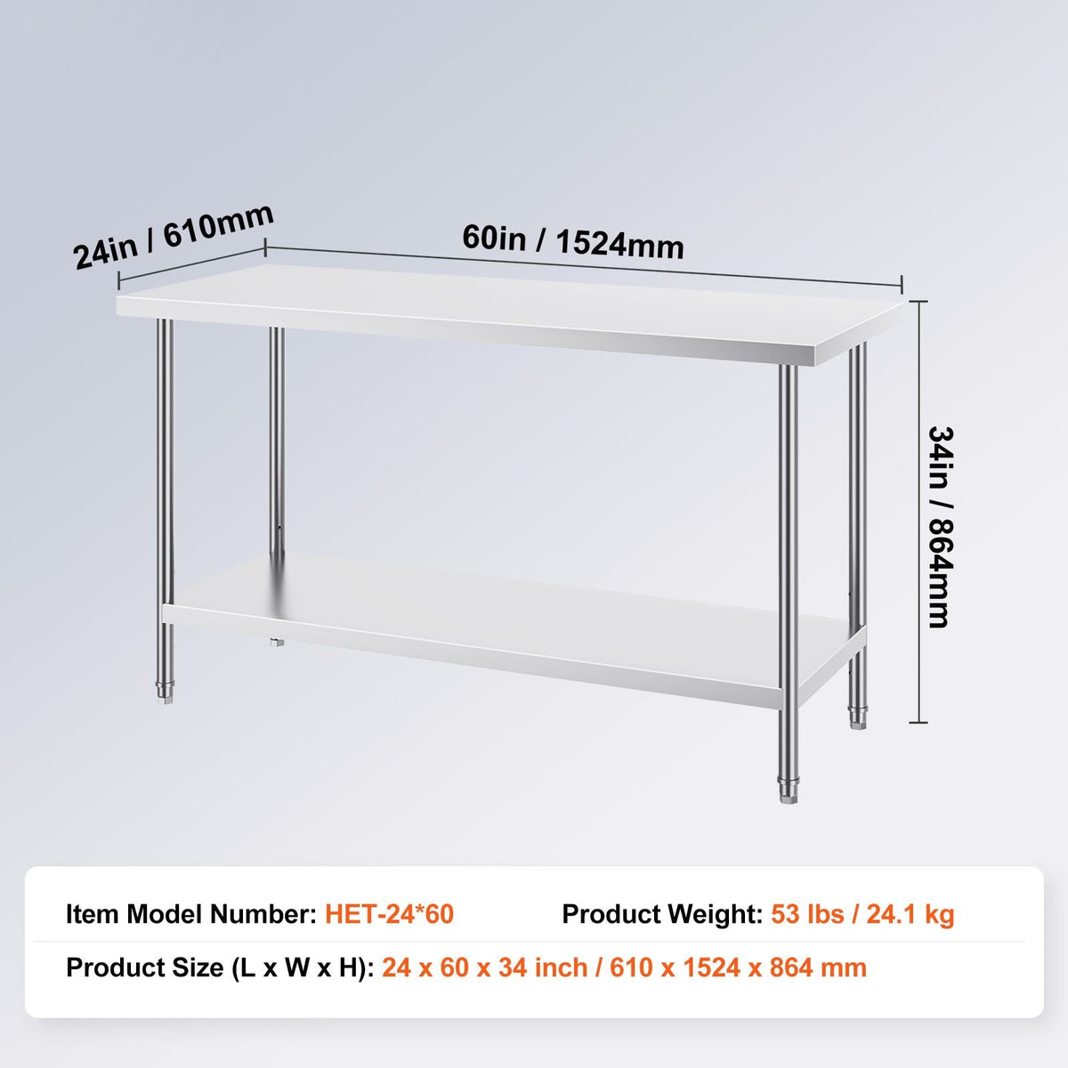 Stainless Steel Prep Table, 24 x 60 x 34 Inch, 840 lbs Load Capacity, Heavy Duty Metal Worktable with 3 Adjustable Height Levels, Commercial Workstation for Kitchen Garage Restaurant Backyard