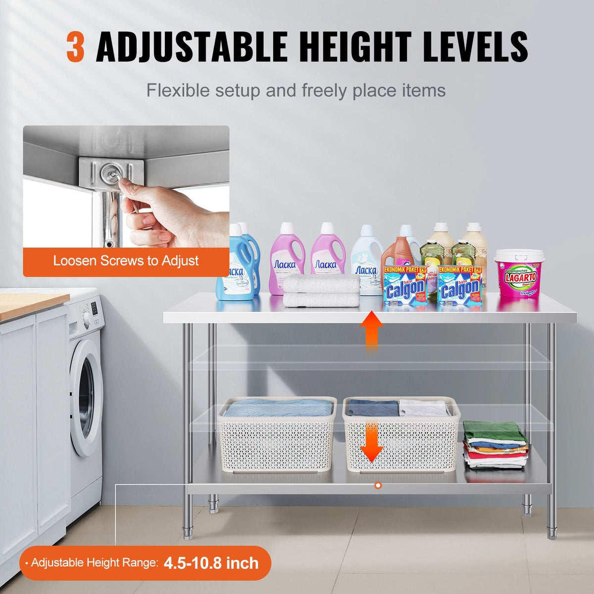 Stainless Steel Prep Table, 24 x 60 x 34 Inch, 840 lbs Load Capacity, Heavy Duty Metal Worktable with 3 Adjustable Height Levels, Commercial Workstation for Kitchen Garage Restaurant Backyard