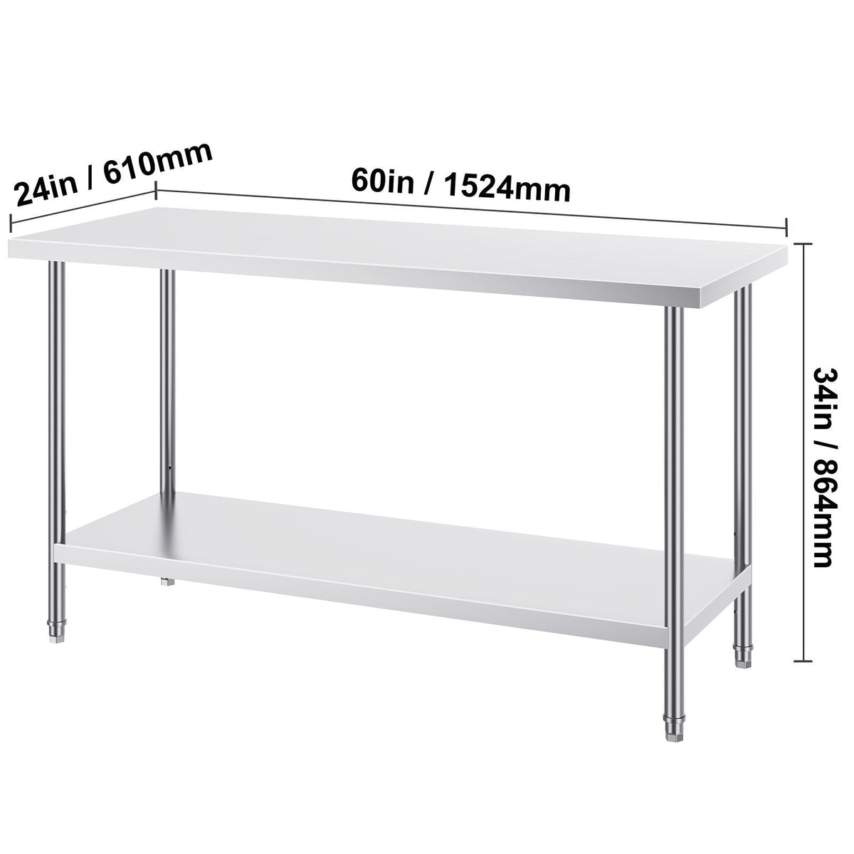 Stainless Steel Prep Table, 24 x 60 x 34 Inch, 840 lbs Load Capacity, Heavy Duty Metal Worktable with 3 Adjustable Height Levels, Commercial Workstation for Kitchen Garage Restaurant Backyard