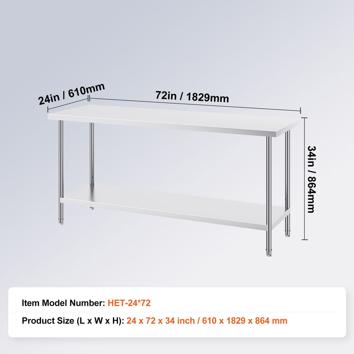 Stainless Steel Prep Table, 24 x 72 x 34 Inch, 880 lbs Load Capacity, Heavy Duty Metal Worktable with 3 Adjustable Height Levels, Commercial Workstation for Kitchen Garage Restaurant Backyard