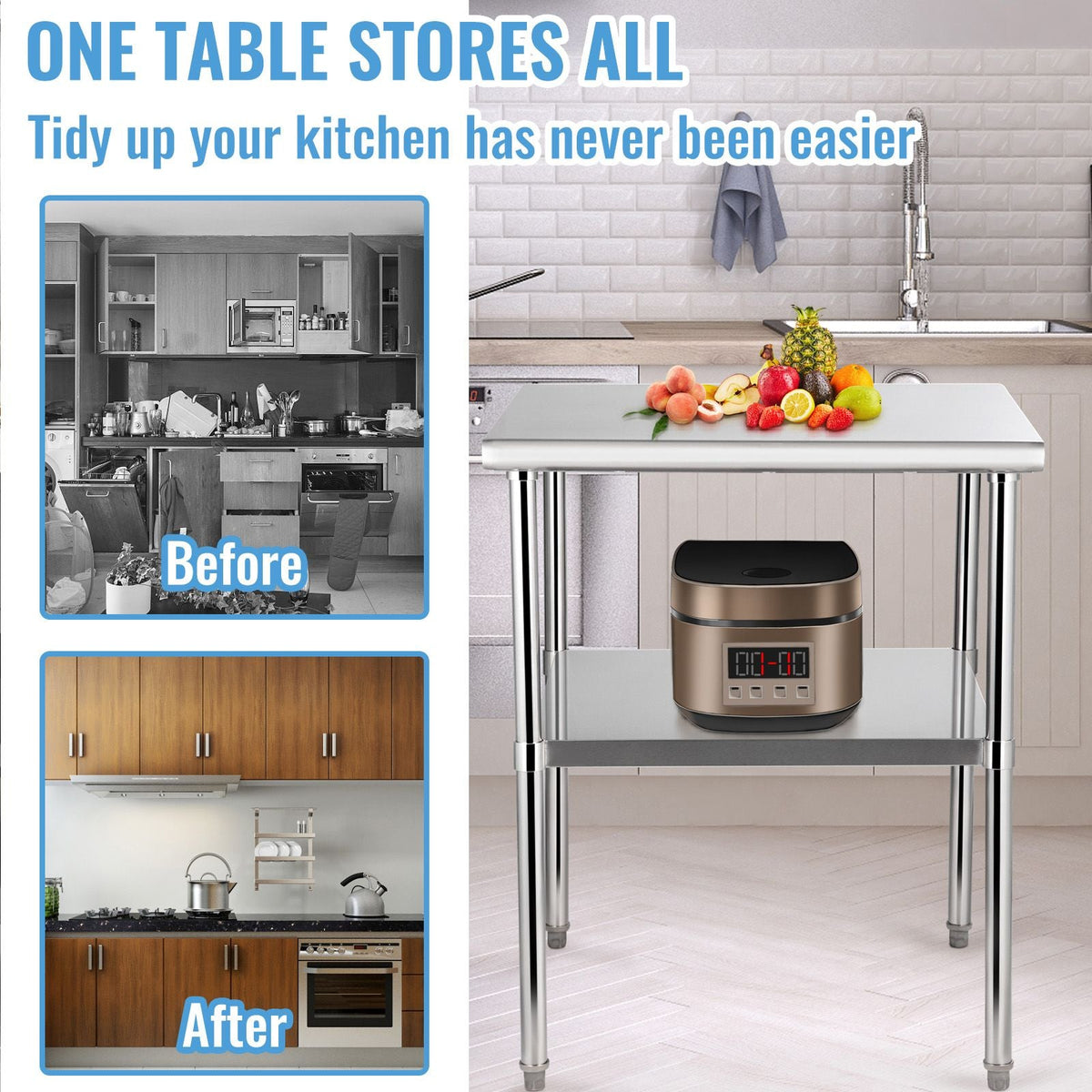 Stainless Steel Prep Table, 30 x 30 x 36 Inch, 800lbs Load Capacity Heavy Duty Metal Worktable with Adjustable Undershelf & Feet, Commercial Workstation for Kitchen Garage Restaurant Backyard