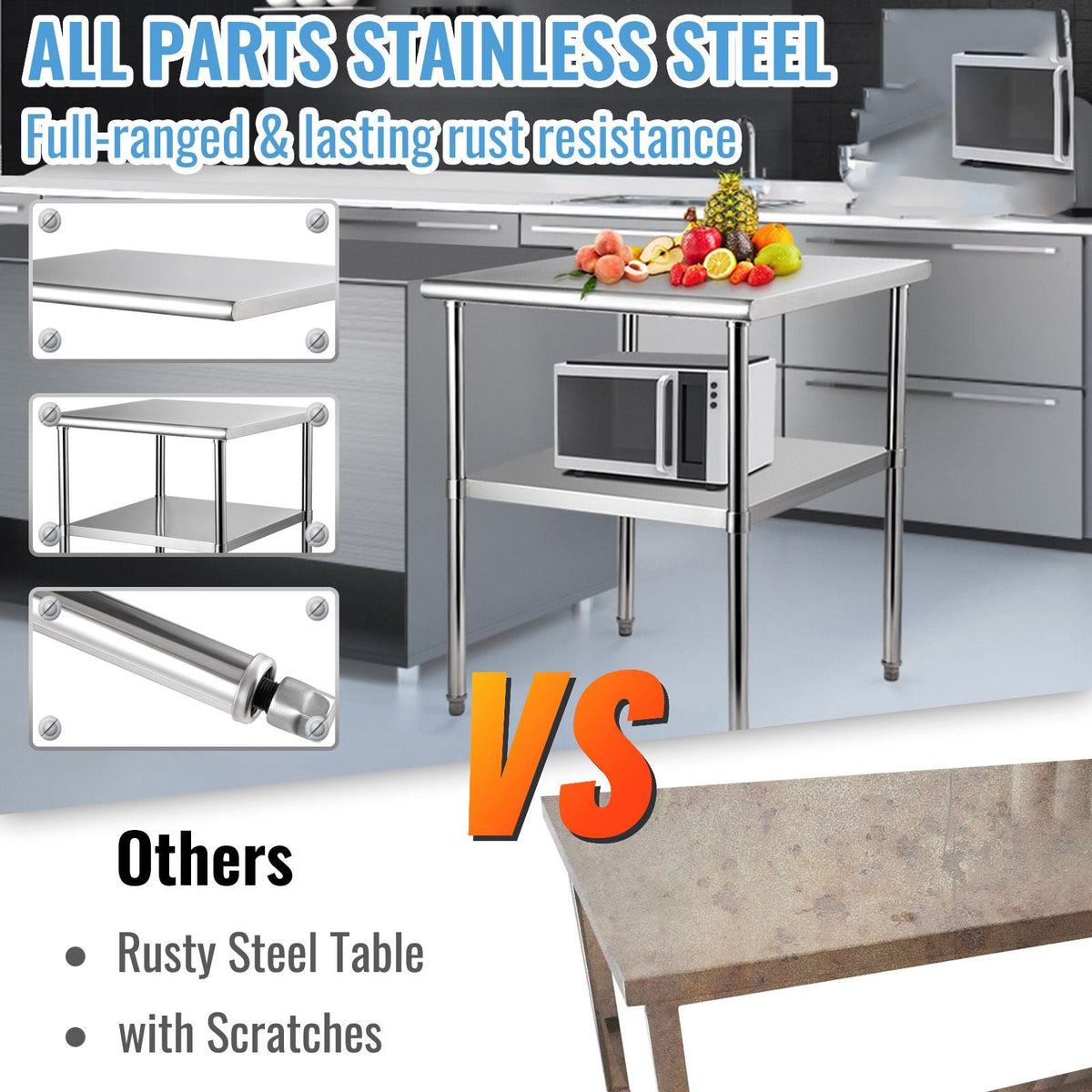 Stainless Steel Prep Table, 30 x 30 x 36 Inch, 800lbs Load Capacity Heavy Duty Metal Worktable with Adjustable Undershelf & Feet, Commercial Workstation for Kitchen Garage Restaurant Backyard