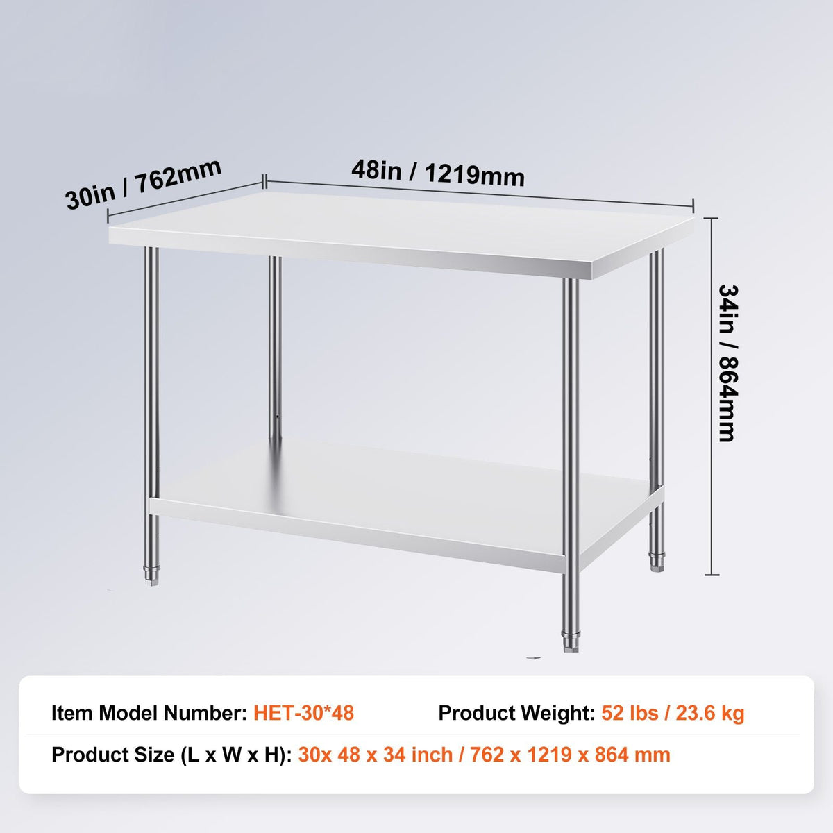 Stainless Steel Prep Table, 30 x 48 x 34 Inch, 880 lbs Load Capacity, Heavy Duty Metal Worktable with 3 Adjustable Height Levels, Commercial Workstation for Kitchen Garage Restaurant Backyard