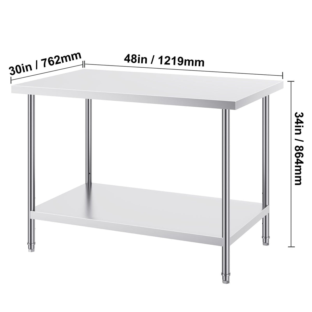 Stainless Steel Prep Table, 30 x 48 x 34 Inch, 880 lbs Load Capacity, Heavy Duty Metal Worktable with 3 Adjustable Height Levels, Commercial Workstation for Kitchen Garage Restaurant Backyard