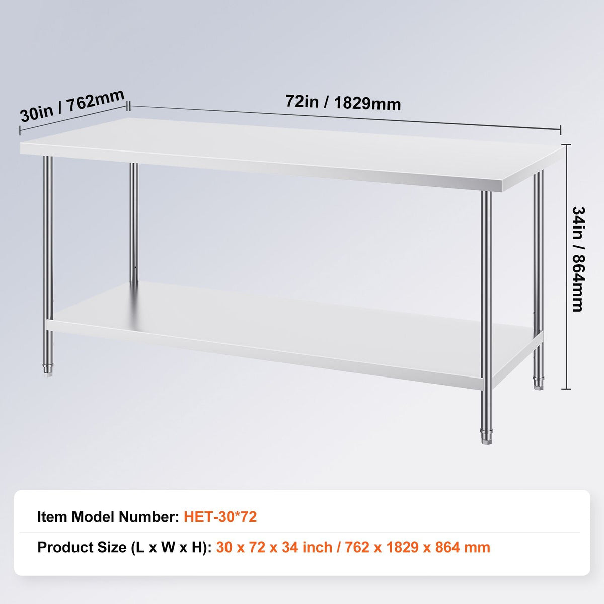Stainless Steel Prep Table, 30 x 72 x 34 Inch, 920 lbs Load Capacity, Heavy Duty Metal Worktable with 3 Adjustable Height Levels, Commercial Workstation for Kitchen Garage Restaurant Backyard