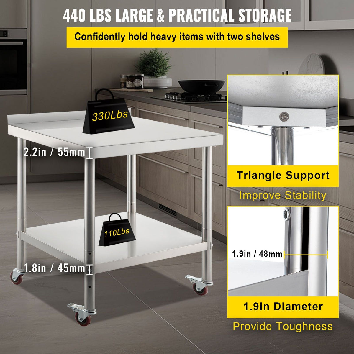 Stainless Steel Prep Table, 36 x 24 x 35 Inch, 440lbs Load Capacity Heavy Duty Metal Worktable with Backsplash Adjustable Undershelf & 4 Casters, Commercial Workstation for Kitchen Restaurant