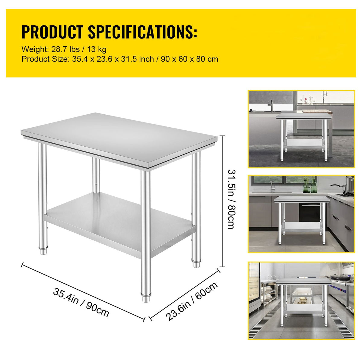 Stainless Steel Prep Table, 900x600x800 mm, 700 lbs Load Capacity, Heavy Duty Metal Worktable with 3 Adjustable Height Levels, Commercial Workstation for Kitchen Garage Restaurant Backyard