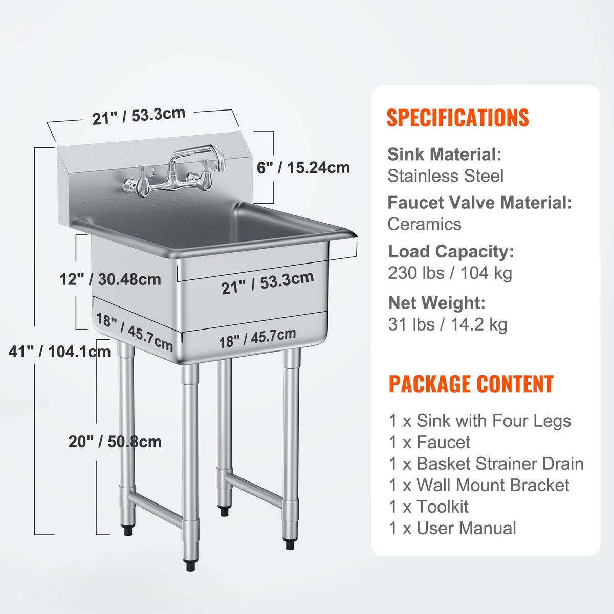 Stainless Steel Prep & Utility Sink, 1 Compartment Free Standing Small Sink Include Faucet & legs, 21"x41" Commercial Single Bowl Sinks for Garage, Restaurant, Kitchen, Laundry