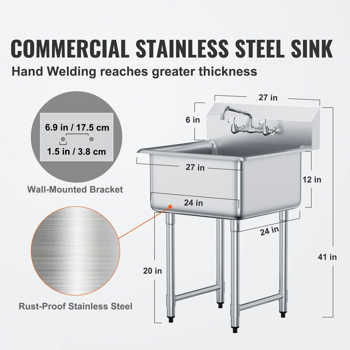 Stainless Steel Prep & Utility Sink, 1 Compartment Free Standing Small Sink Include Faucet & legs, 27"x41" Commercial Single Bowl Sinks for Garage, Restaurant, Kitchen, Laundry