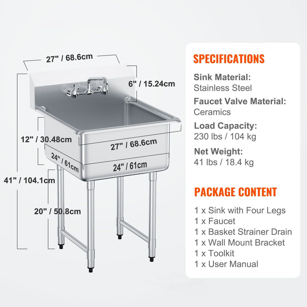 Stainless Steel Prep & Utility Sink, 1 Compartment Free Standing Small Sink Include Faucet & legs, 27"x41" Commercial Single Bowl Sinks for Garage, Restaurant, Kitchen, Laundry